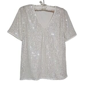 White Blouse Sequin Embellished V-neck Top Cocktail Party Size S EUC‎